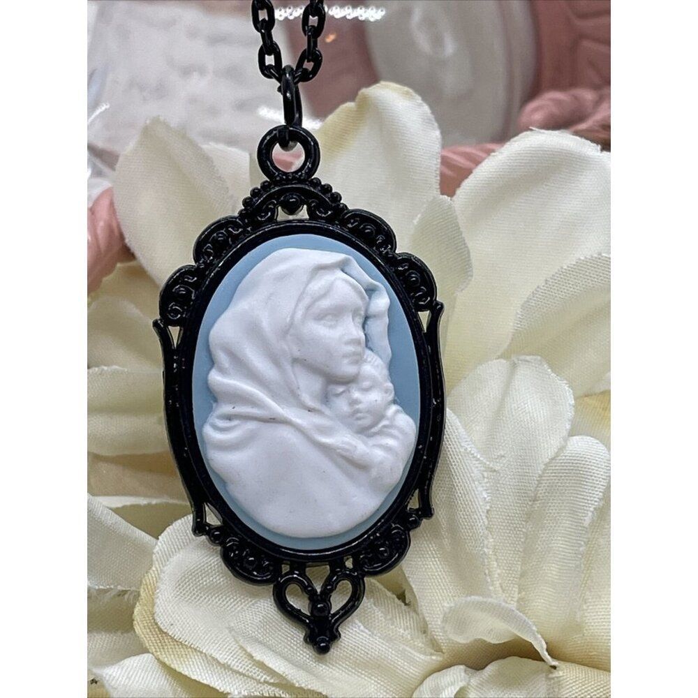 Madonna Mary Child Jesus MOM Heart Jewelry White Mothers Day necklace Cameo Bday